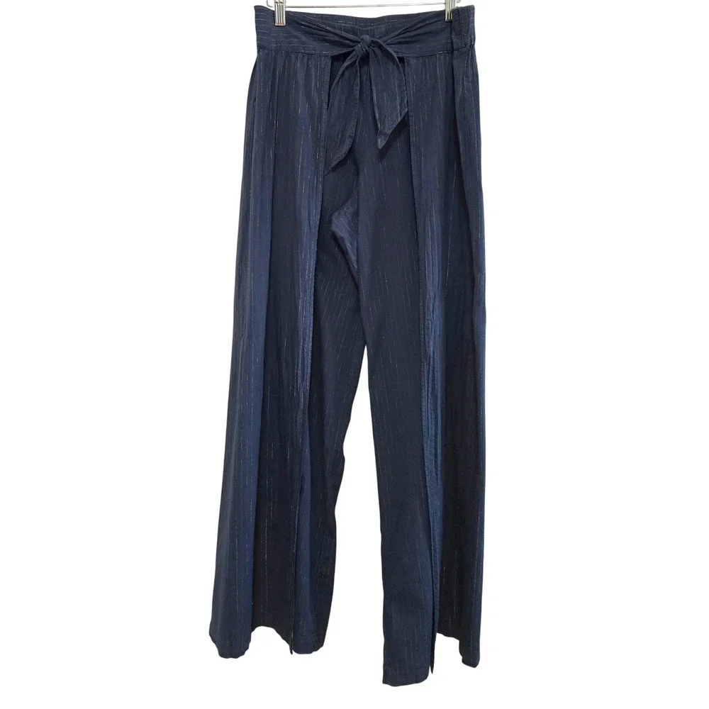 Left of Center Anthropologie Boho Navy Blue Metallic Pinstripe Wrap Tie Pants M